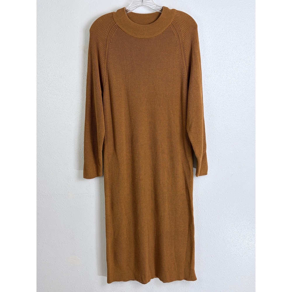 FREE PEOPLE FP Beach Ribbed Knit Midi Sweater Dress Brown XS Mock Neck
